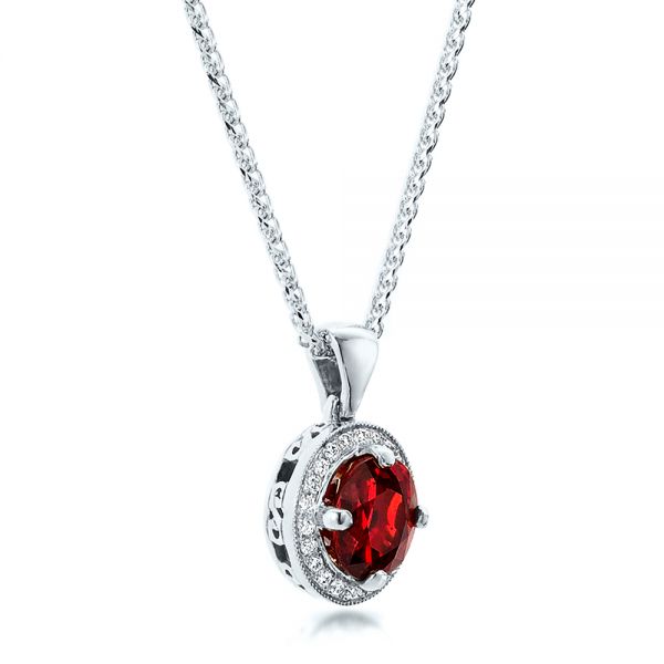 14k White Gold 14k White Gold Custom Red Sapphire And Diamond Halo Pendant - Flat View -  100274