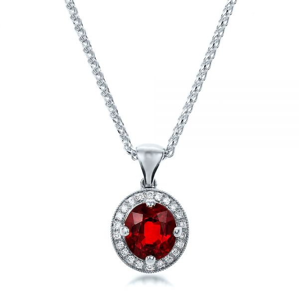 18k White Gold 18k White Gold Custom Red Sapphire And Diamond Halo Pendant - Three-Quarter View -  100274