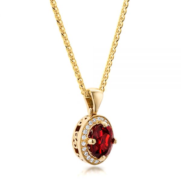 14k Yellow Gold Custom Red Sapphire And Diamond Halo Pendant - Flat View - 100274