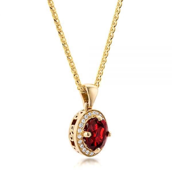 14k Yellow Gold Custom Red Sapphire And Diamond Halo Pendant - Flat View -  100274