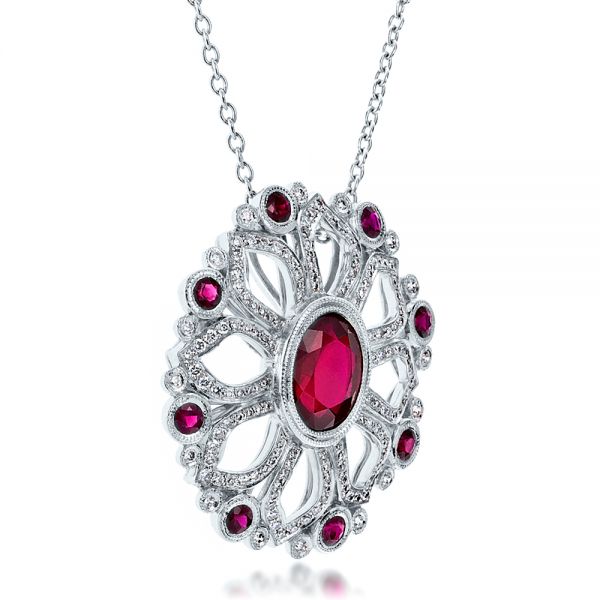 Platinum Custom Ruby Flower Pendant - Flat View - 100004