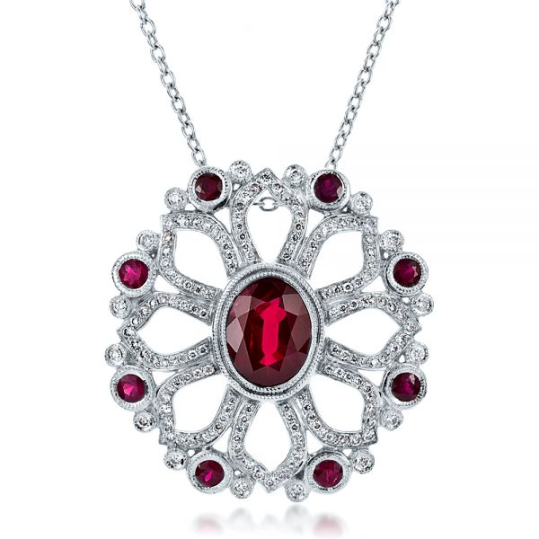  Platinum Custom Ruby Flower Pendant - Three-Quarter View -  100004