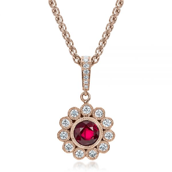 18k Rose Gold 18k Rose Gold Custom Ruby And Diamond Pendant - Front View -  100096
