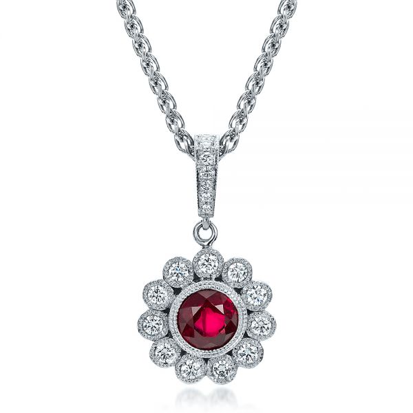 18k White Gold Custom Ruby And Diamond Pendant - Front View - 100096