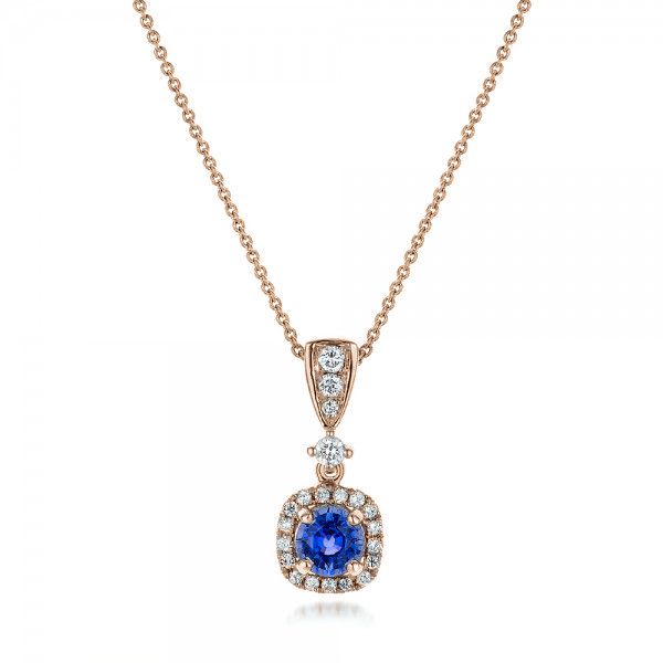 14k Rose Gold 14k Rose Gold Custom Sapphire And Diamond Halo Pendant - Three-Quarter View -  100892