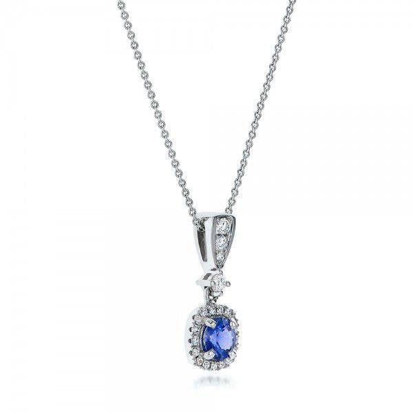 14k White Gold Custom Sapphire And Diamond Halo Pendant - Flat View - 100892
