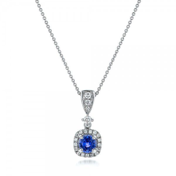  Platinum Platinum Custom Sapphire And Diamond Halo Pendant - Three-Quarter View -  100892