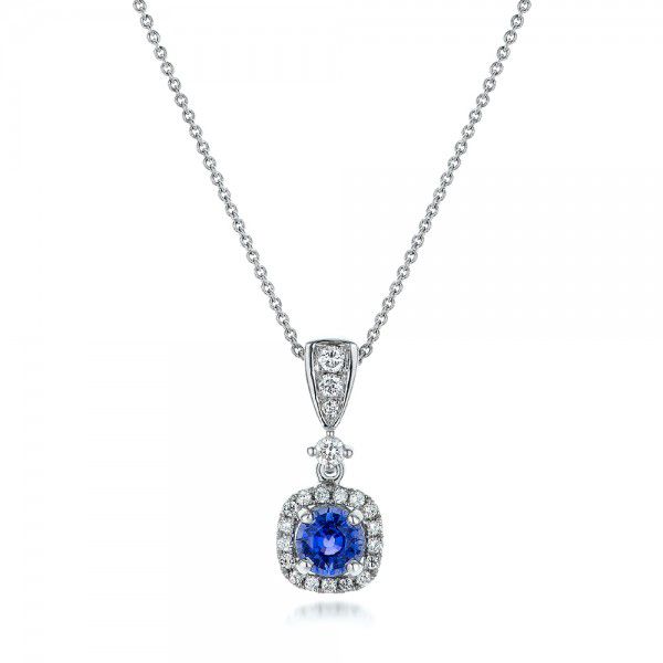 Custom Sapphire and Diamond Halo Pendant - Image