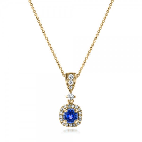 18k Yellow Gold 18k Yellow Gold Custom Sapphire And Diamond Halo Pendant - Three-Quarter View -  100892