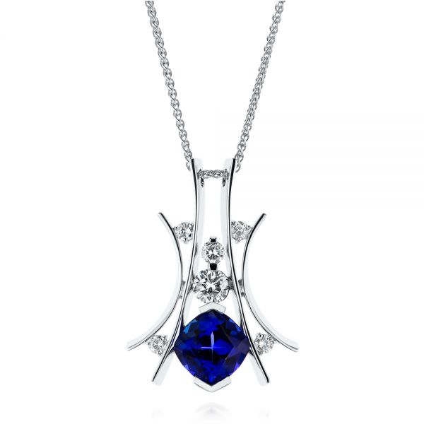 14k White Gold Custom Tanzanite And Diamond Pendant - Three-Quarter View -  103982