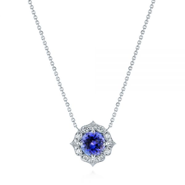 18k White Gold Custom Tanzanite And Diamond Pendant - Three-Quarter View -  105106