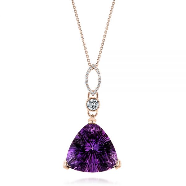 14k Rose Gold 14k Rose Gold Custom Trilliant Amethyst And Diamond Pendant - Three-Quarter View -  103385