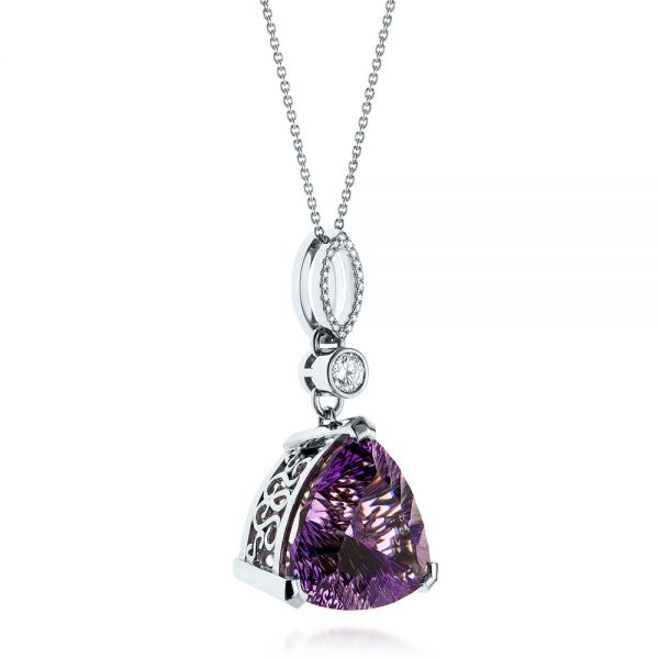 14k White Gold Custom Trillion Amethyst And Diamond Pendant - Flat View -  103385 - Thumbnail