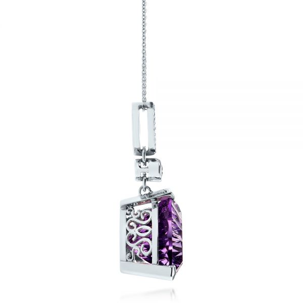 14k White Gold Custom Trillion Amethyst And Diamond Pendant - Side View -  103385 - Thumbnail