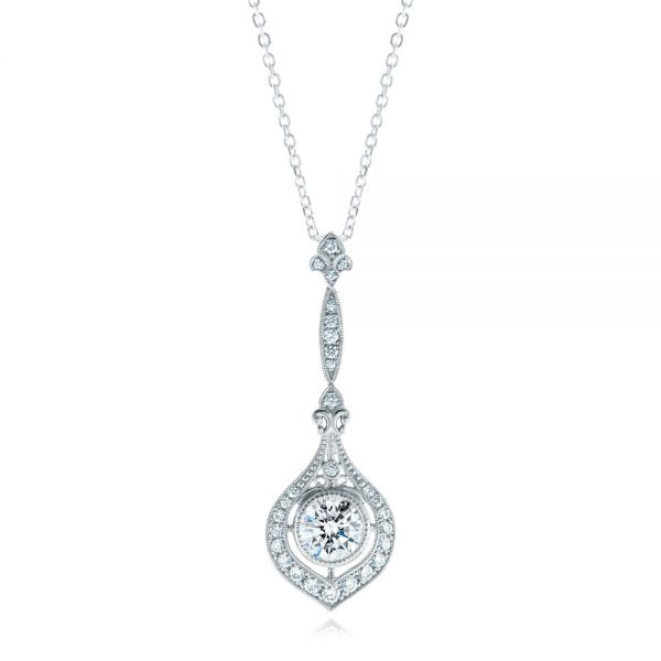 18k White Gold 18k White Gold Custom Vintage Inspired Diamond Pendant - Three-Quarter View -  107261