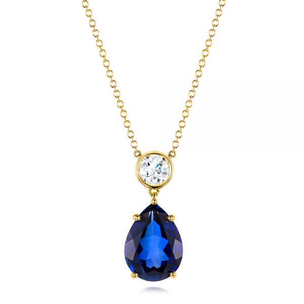 14k Yellow Gold Custom Blue Sapphire And Diamond Pendant - Three-Quarter View -  103230