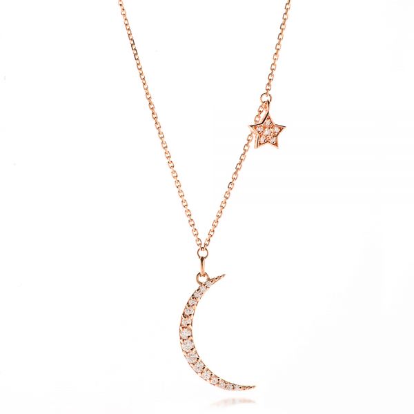 18k Rose Gold 18k Rose Gold Diamond Crescent Moon And Star Dangle Necklace - Three-Quarter View -  107025