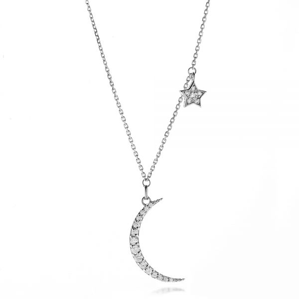 18k White Gold 18k White Gold Diamond Crescent Moon And Star Dangle Necklace - Three-Quarter View -  107025
