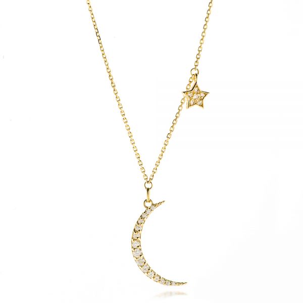 18k Yellow Gold 18k Yellow Gold Diamond Crescent Moon And Star Dangle Necklace - Three-Quarter View -  107025