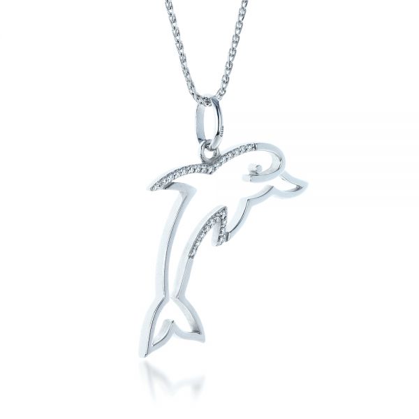 14k White Gold Diamond Dolphin Pendant - Flat View -  1318