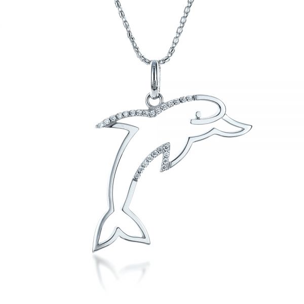 14k White Gold Diamond Dolphin Pendant - Front View - 1318