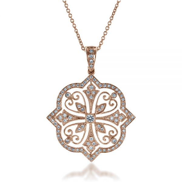 14k Rose Gold 14k Rose Gold Diamond Filigree Pendant - Front View -  1234