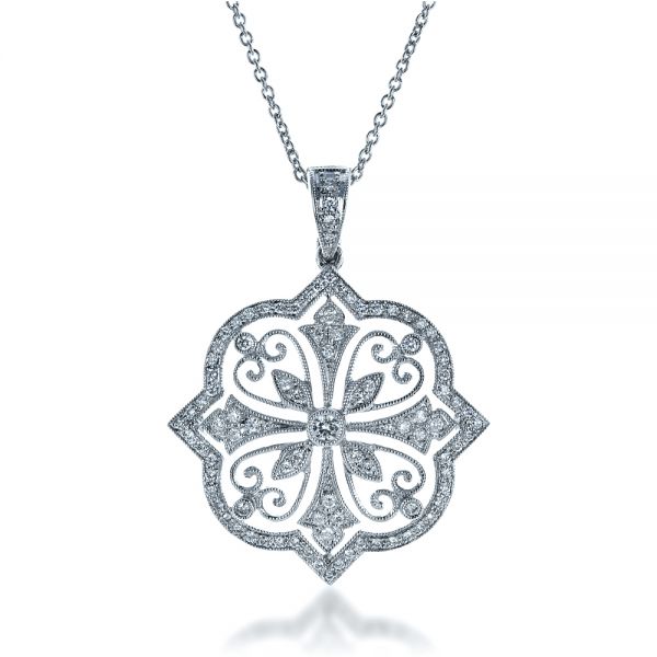 18k White Gold 18k White Gold Diamond Filigree Pendant - Front View -  1234