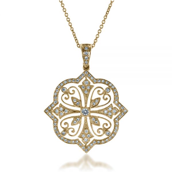 18k Yellow Gold 18k Yellow Gold Diamond Filigree Pendant - Front View - 1234