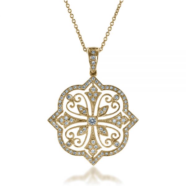 18k Yellow Gold 18k Yellow Gold Diamond Filigree Pendant - Front View -  1234