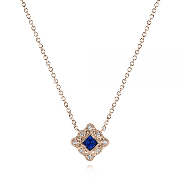 14k Rose Gold 14k Rose Gold Diamond And Blue Sapphire Pendant - Three-Quarter View -  105323