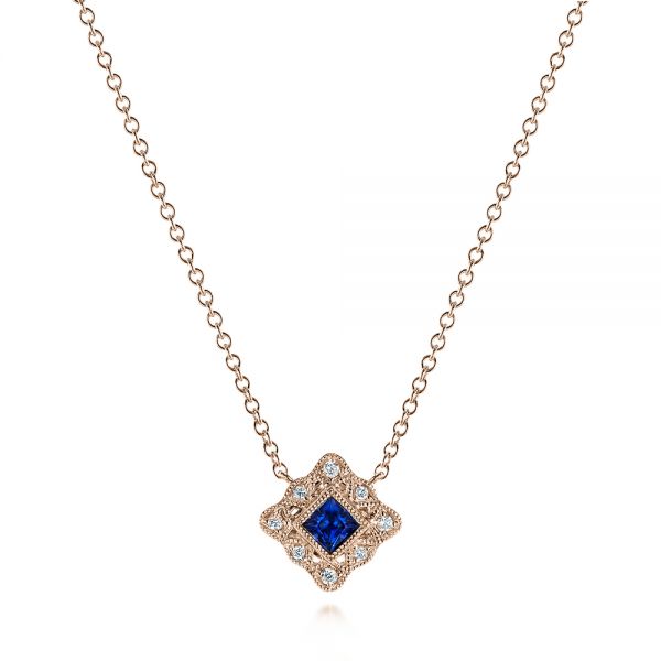 18k Rose Gold 18k Rose Gold Diamond And Blue Sapphire Pendant - Three-Quarter View -  105323