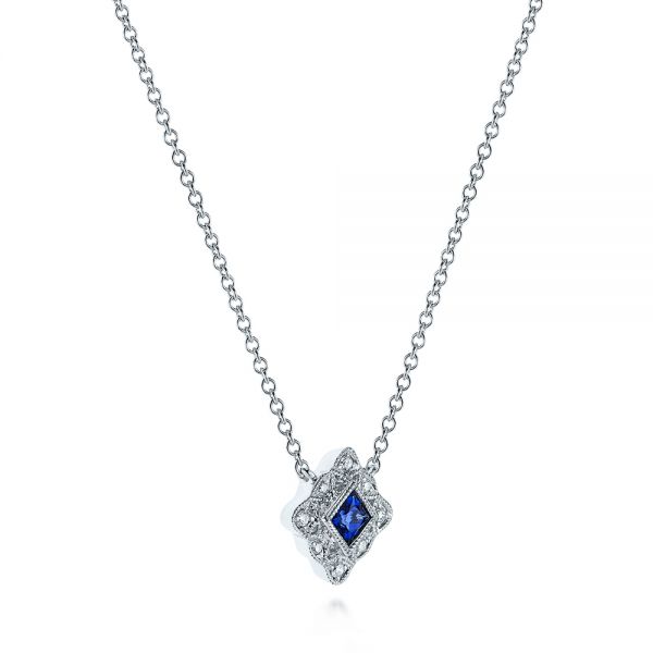 14k White Gold Diamond And Blue Sapphire Pendant - Flat View - 105323