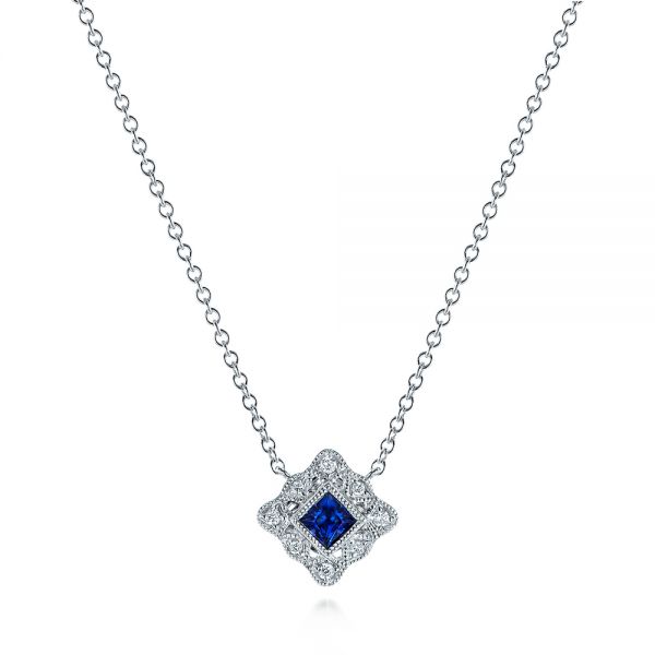 18k White Gold 18k White Gold Diamond And Blue Sapphire Pendant - Three-Quarter View -  105323