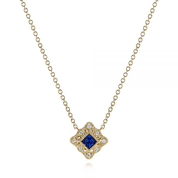 18k Yellow Gold 18k Yellow Gold Diamond And Blue Sapphire Pendant - Three-Quarter View -  105323