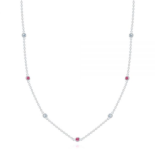 18k White Gold 18k White Gold Diamond And Ruby Bezel Necklace - Three-Quarter View -  107181