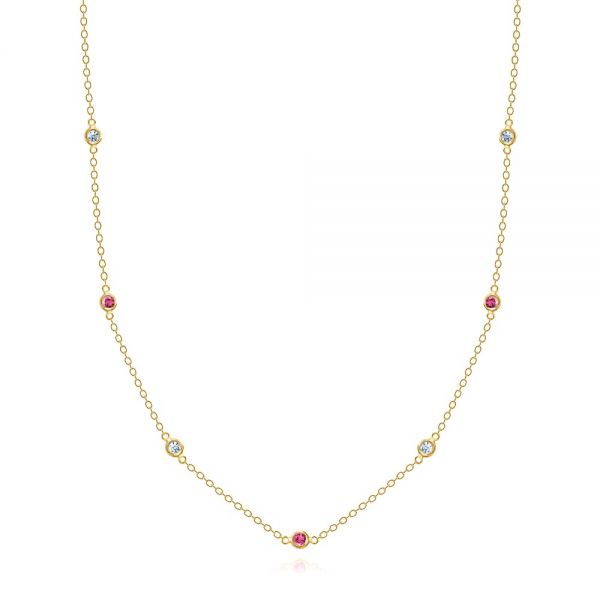 18k Yellow Gold 18k Yellow Gold Diamond And Ruby Bezel Necklace - Three-Quarter View -  107181