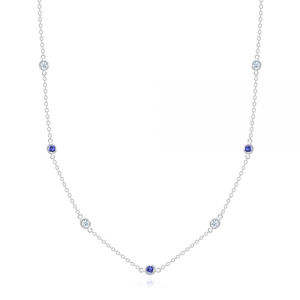 14k White Gold 14k White Gold Diamond And Sapphire Bezel Necklace - Three-Quarter View -  107178
