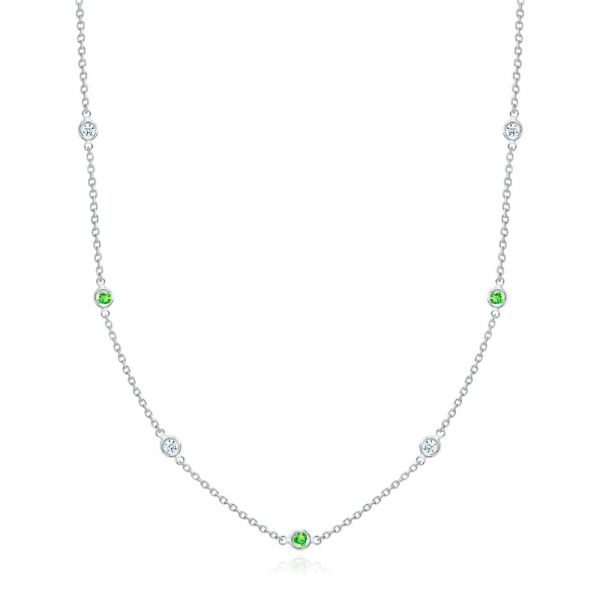 14k White Gold 14k White Gold Diamond And Tsavorite Bezel Necklace - Three-Quarter View -  107106