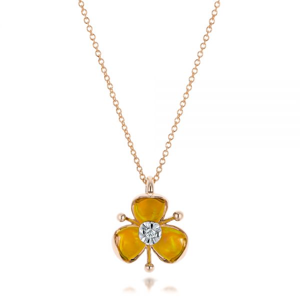 18k Rose Gold 18k Rose Gold Diamond And Yellow Opal Flower Pendant - Three-Quarter View -  101976