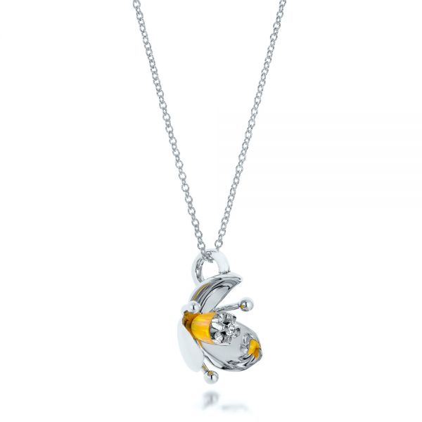 14k White Gold 14k White Gold Diamond And Yellow Opal Flower Pendant - Flat View -  101976