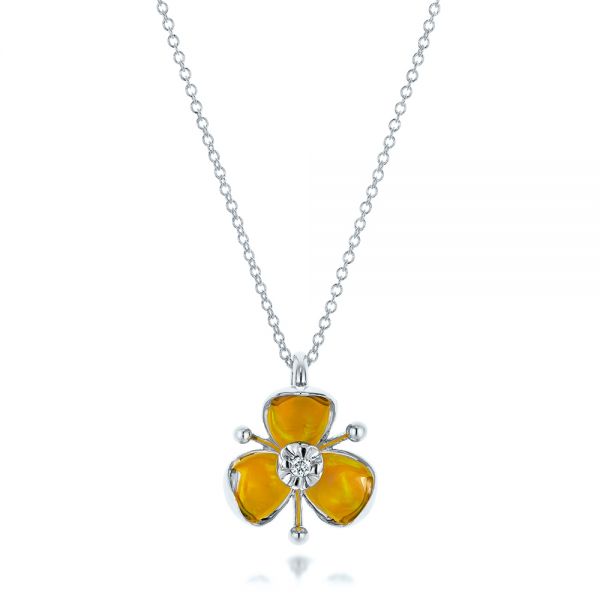 14k White Gold 14k White Gold Diamond And Yellow Opal Flower Pendant - Three-Quarter View -  101976