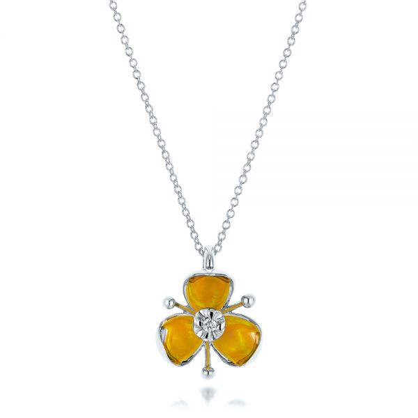 Platinum Platinum Diamond And Yellow Opal Flower Pendant - Three-Quarter View - 101976