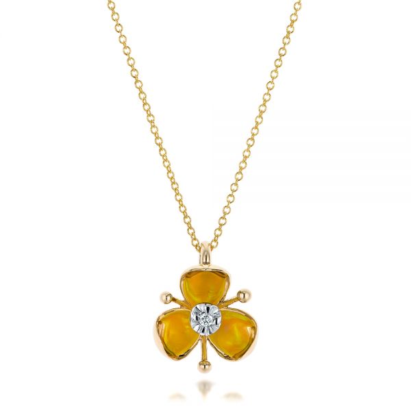 18k Yellow Gold 18k Yellow Gold Diamond And Yellow Opal Flower Pendant - Three-Quarter View -  101976