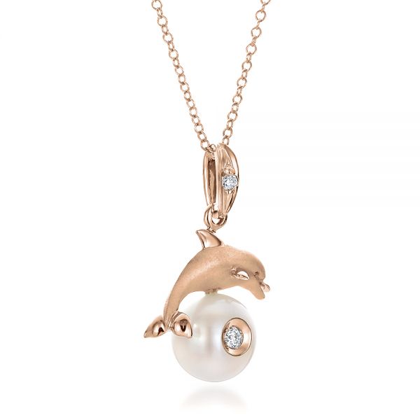 18k Rose Gold 18k Rose Gold Dolphin Fresh White Pearl And Diamond Pendant - Flat View -  100336