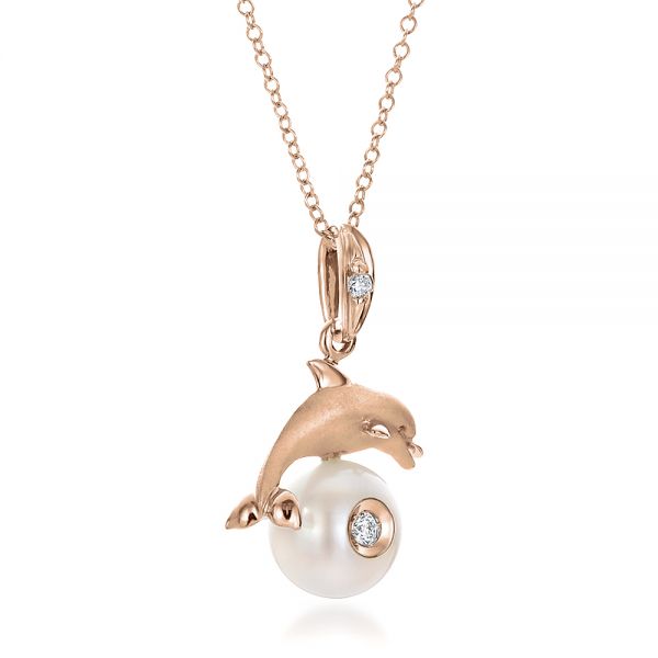 14k Rose Gold 14k Rose Gold Dolphin Fresh White Pearl And Diamond Pendant - Flat View - 100336