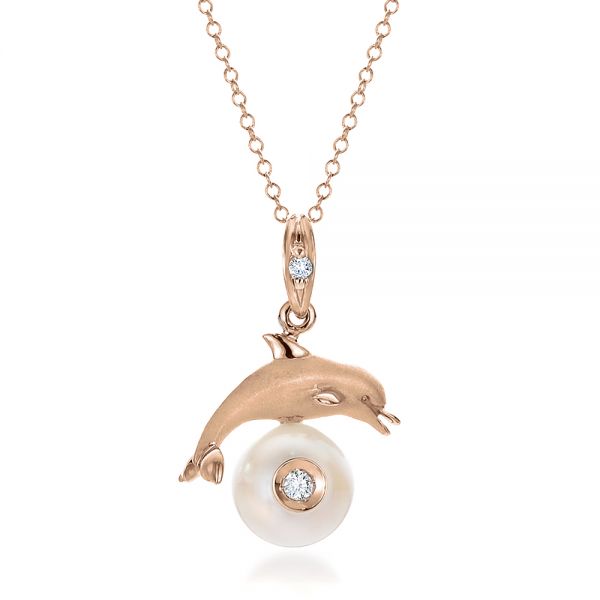 14k Rose Gold 14k Rose Gold Dolphin Fresh White Pearl And Diamond Pendant - Three-Quarter View -  100336