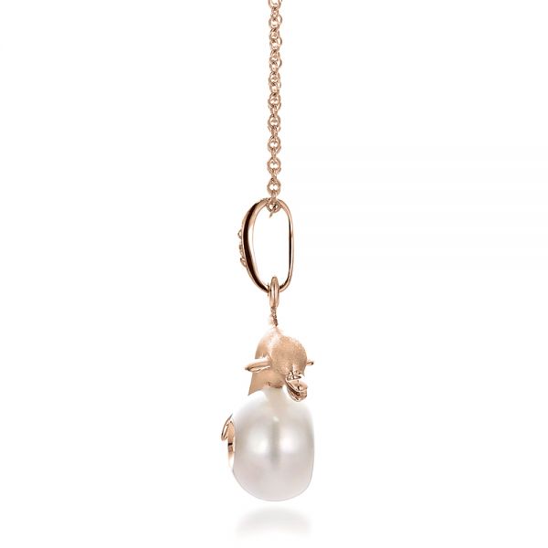 14k Rose Gold 14k Rose Gold Dolphin Fresh White Pearl And Diamond Pendant - Side View -  100336