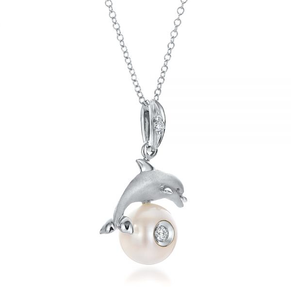 14k White Gold Dolphin Fresh White Pearl And Diamond Pendant - Flat View - 100336