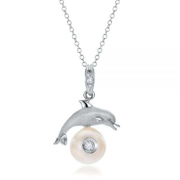 14k White Gold Dolphin Fresh White Pearl And Diamond Pendant - Three-Quarter View -  100336