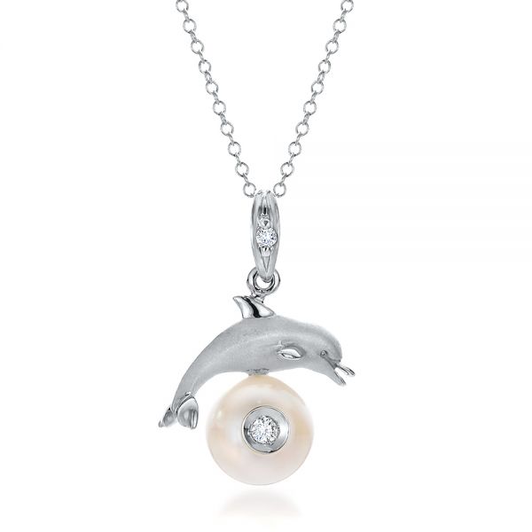 18k White Gold 18k White Gold Dolphin Fresh White Pearl And Diamond Pendant - Three-Quarter View -  100336